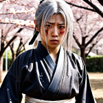 ** A young Raiden Ei training intensely with a katana, sweat dripping down her face. The background shows a traditional Inazuman training ground with cherry blossom trees. A determined expression is on her face, hinting at the hardships she's endured.

**