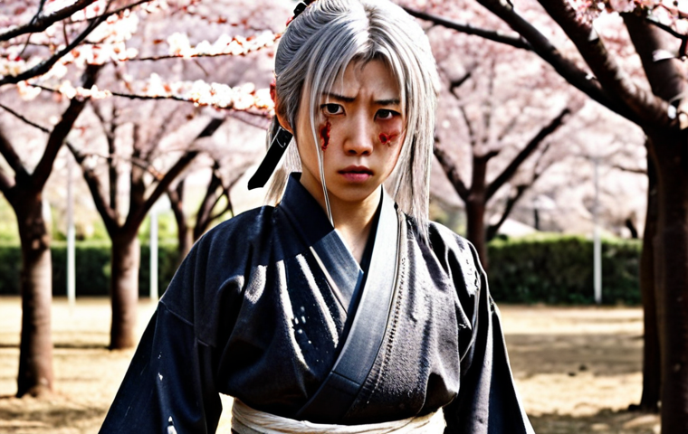 ** A young Raiden Ei training intensely with a katana, sweat dripping down her face. The background shows a traditional Inazuman training ground with cherry blossom trees. A determined expression is on her face, hinting at the hardships she's endured.

**